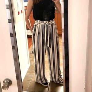H&m White Black Stripe High Waist‎ Tie Front Wide Leg Pants Sz 10